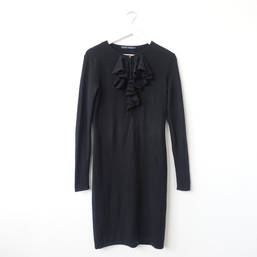 Vintage RALPH LAUREN Black Cashmere Dress Women Medium Sweater Ruffle Keyhole 90